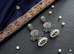 Pendientes Largos de Plata Oxidada de Diseño con Racimos de Perlas, Joyería Elegante para Fiestas, Accesorios de Moda Étnica para Mujer - Product Image 5