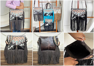 Hot Selling Trendy Bohemian Style Hand Tooled Genuine Cowhide Hair-on Leather Crossbody Fringe Bag Designer Shoulder Sling Bag - Product Image 3