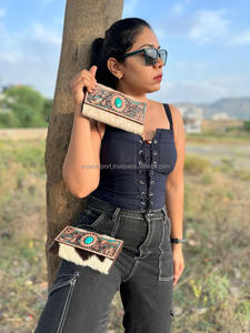 Hair on & <b>Tooled</b> <b>Leather</b> Long Wallet With Turquoise Stone Western Cowhide & Floral Genuine <b>Leather</b> Credit Card Wallet for Women - Product Image 2