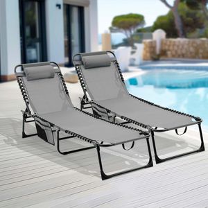 Chaise longue pliante 2 pièces, ensemble de chaises de piscine, 4 positions, dossier inclinable, chaise de bronzage pour patio, siège en maille respirante pour la plage - Product Image 1