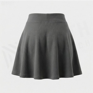 Jupe courte trapèze pour femme, taille élastique, tricotée, couleur unie, décontractée, plissée, en coton élasthanne extensible, confortable, toutes saisons - Product Image 2