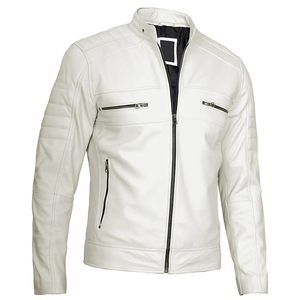 Blouson moto en cuir PU blanc pour homme, col montant, fermeture éclair, coupe ajustée, pour l'automne - Product Image 1