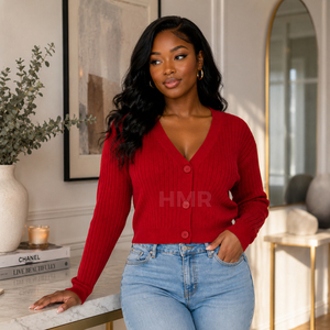 HMR Sisterhood Sorority Acrylic Red Knitted V-Neck <b>Cardigan</b> Long <b>Sleeve</b> Button Front Casual Top Plain <b>Short</b> Length Sweater - Product Image 3