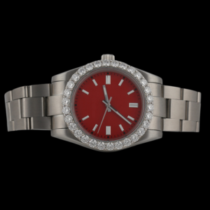 Reloj Personalizable para Hombre con Esfera Redonda Roja, Bisel con Diamantes Moissanite de Corte Redondo, Correa de Acero Inoxidable, Diseño Único - Product Image 1