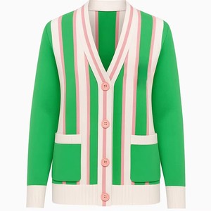 Cardigan universitaire personnalisé pour femme, col en V, style sororité 1908, rose et vert, avec logo en chenille sur le devant, collection Printemps - Product Image 1