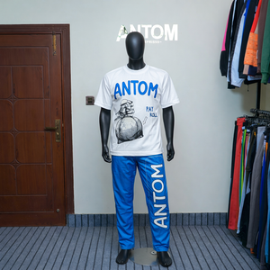 Nouvel Arrivage 2026 – Ensemble de Survêtement Vintage d'Été pour Homme : T-shirt Bleu Respirant en Polyester et Pantalon Évasé en Nylon - Product Image 2