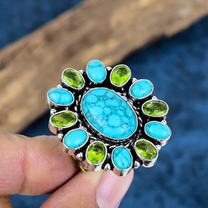 Wholesale Handmade 925 Sterling Silver Blue Turquoise and Peridot Cluster <b>Ring</b> Opaque Gemstone Flower <b>Statement</b> <b>Rings</b> For Women - Product Image 4