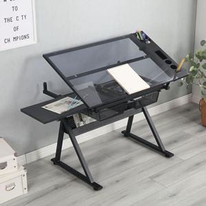 Tavolo da Disegno Regolabile in Vetro Temperato Nero con Sedia per Stampa e Forniture - Product Image 6