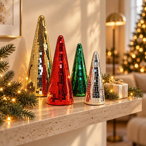<b>Disco</b> <b>Ball</b> Christmas Tree Statue Set of 4 Mirror Mosaic Holiday Tabletop Decorations Festive Party Centerpiece Modern Glam - Product Image 3