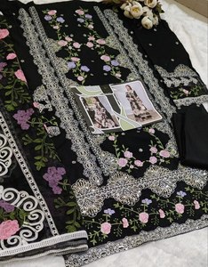 Kameez élégant en coton semi-couturé avec broderie, pantalon en coton assorti, dupatta en mousseline avec bordure en organza, pour fêtes, hiver et été - Product Image 6