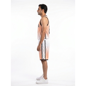 Ensemble d'uniformes de basketball personnalisés pour hommes, sublimés, séchage rapide, été, col en V, couleur dégradée, style rétro, AeroSwift, tricot plat - Product Image 3