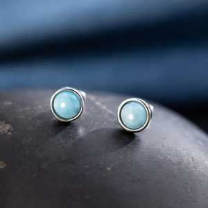 Natural Larimar <b>Stud</b> Earrings 925 Sterling <b>Silver</b> Gemstone Bezel Jewelry For Women Gift Wholesale - Product Image 2