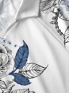 Unisex White Floral Printed Short Sleeve Shirt With Blue Gears Turn-down Collar Regular Fit Breathable <b>Polyester</b> Summer Wear - Product Image 3