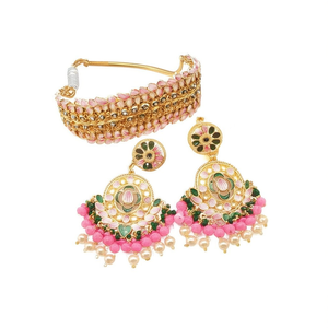 Boucles d'oreilles pendantes en or plaqué avec pierres Kundan et perles Meenakari, avec Maangtikka, bijoux élégants en perles - Product Image 2