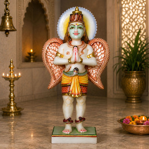 Standing Marble Garuda <b>Statue</b> | Garuda Dev Murti with Wings and Serpent Details | Hand Painted Marble Idol – MALIYAS - Product Image 1