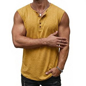 Wholesale Bulk Men's Textured Slub Cotton Sleeveless Henley Shirt Athletic Muscle Fit Gym <b>Vest</b> Custom Branding Tank Tops For Men - Product Image 4