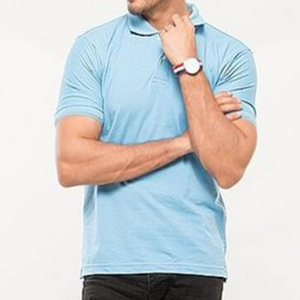 Polo en coton bleu clair à manches courtes pour homme, couleur unie, décontracté, avec poche, coupe classique, en jersey tricoté - Product Image 1