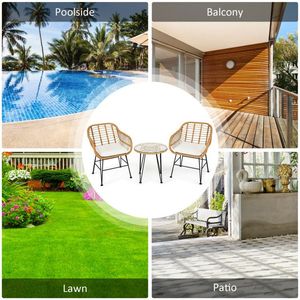 Set di 3 mobili da giardino in Rattan con sedia imbottita e tavolo da esterno essenziali per la vita - Product Image 4