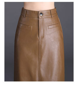 Faldas Largas de Cuero para Mujer, Color Marrón, Falda Midi Ajustada de PU de Alta Calidad con Abertura Frontal y Cintura Alta - Product Image 6
