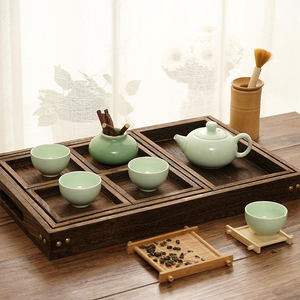 Plateau de service en bois avec poignée, ensemble de 7 plateaux rectangulaires modernes en bois massif empilables pour la vaisselle et l'utilisation dans le salon - Product Image 3