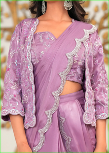Chaqueta bordada a mano con diseño de lavanda y Saree pre-drapeado - Product Image 3