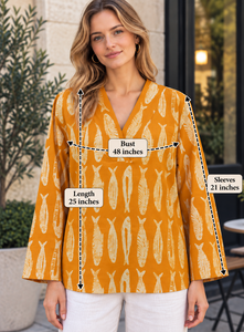 Top de Algodón Amarillo Mostaza |   Túnica Boho con Cuello en V |   Top hecho a mano con estampado de peces - Product Image 6