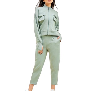 Ensemble de survêtement vert clair pour femmes, manches longues, col montant, fermeture éclair sur le devant, couleur unie, pantalon de jogging décontracté avec poches latérales - Product Image 1
