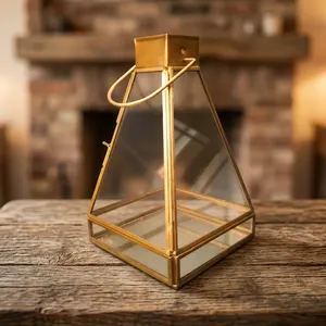 Artisan Design Irregular <b>Brass</b> <b>Lantern</b> with Glass Panels Handmade Home Decoration Candle Holder Tapper Model L118 - Product Image 1