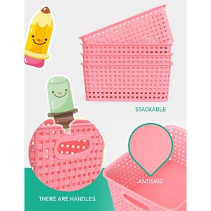 Pink -Pack Plastic Small <b>Shelf</b> Storage Weave <b>Baskets</b> Organizing for Cabinets and Pantries - Product Image 3