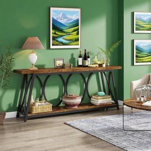 Table de canapé industrielle extra longue avec étagère de rangement à 2 niveaux derrière le canapé - Product Image 6