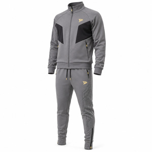 Men's Gray Polyester Tracksuit Drawstring Sporty <b>Jogger</b> <b>Set</b> Side Pockets Logo Design Winter Eco-Friendly Breathable Heavyweight - Product Image 2