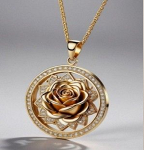 Colgante de rosa de oro radiante enmarcado en un marco circular con diamantes incrustados. Belleza atemporal. Disponible a precios de mayorista. - Product Image 1