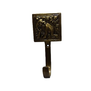 Decorative Antique Finish Brass <b>Wall</b> <b>Mounted</b> Hook Elephant Embossed Square Metal Key Holder Cloth Hanger - Product Image 1
