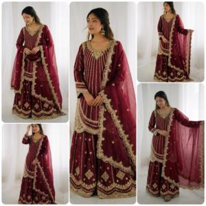 Elegante Traje Sharara Fendy de Seda con Bordado y Lentejuelas, Dupatta con Borde de Encaje, Ropa Festiva para Bodas para Mujer - Product Image 4