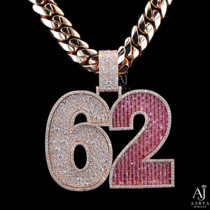 Collier pendentif lettre numéro 62 en moissanite plaqué or rose, style hip-hop, bijou personnalisé pour fête, cadeau - Product Image 1