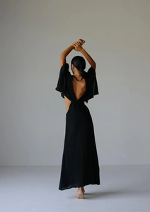 Women's Eco-Friendly Black Maxi Dress with Deep V-Neck Cut-Out Design Flare Sleeves Natural Waist for Evening & Cocktail Parties - Product Image 2