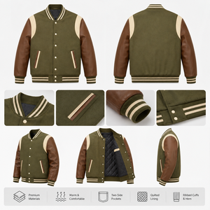 Veste de baseball pour homme de style universitaire décontracté, couleur vert olive, avec manches en cuir marron et bordures crème - Product Image 5