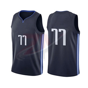 Camiseta de baloncesto para hombre, sin mangas, cuello en V, azul oscuro con número 77 blanco, estampado sublimado, uniforme de poliéster que absorbe la humedad - Product Image 1