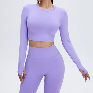 Conjunto Deportivo de Yoga sin Costuras para Otoño, Top Corto de Manga Larga para Mujer, Leggings de Gimnasio, Ropa Deportiva con Logotipo Personalizado - Product Image 3