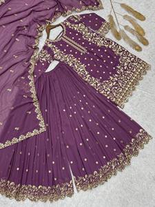 Ensemble Anarkali en Faux Georgette Brodé Violet à Séchage Rapide avec Dupatta, Tenue Traditionnelle Indienne et Pakistanaise pour Mariage, Coupe Classique - Product Image 4