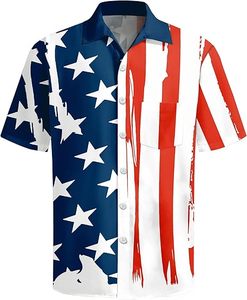 Camisa hawaiana roja, blanca y azul para hombre, camiseta informal patriótica tropical para vacaciones en la playa de verano - Product Image 1