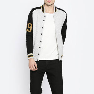 Men's Gray White Wool/Viscose Varsity Jacket Casual Regular Fit <b>Covered</b> <b>Button</b> Closure Quick Dry Breathable Eco-Friendly Winter - Product Image 1