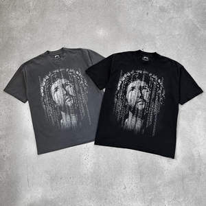 Camiseta 100% algodón para hombre, corte holgado, estampada, negra, extragrande, con estampado gráfico de rostro abstracto y marco gótico, OEM - Product Image 3