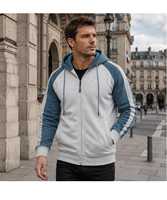 Sweat à capuche tricoté en molleton bicolore 300g pour homme, avec fermeture éclair, blocs de couleur, poches et cordon de serrage, style décontracté et sportif, écoresponsable