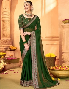 Sari en Georgette Vert pour Femme KV, Tissé à la Main, Design de Créateur, avec Blouse Non Cousue - Product Image 6