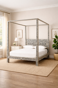Cama de Plataforma de Madera con Cuatro Postes y Incrustaciones de Hueso Hecha a Mano en India, Tamaños Queen y King, Muebles de Dormitorio - Product Image 3