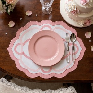 Luxury Scalloped Cotton <b>Placemats</b> with Pink Embroidered Border, Elegant <b>Dining</b> <b>Table</b> Setting Decor, Wedding & Housewarming Gift - Product Image 1