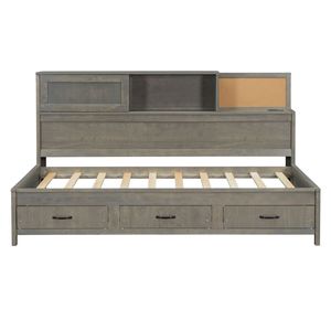 Divano letto singolo in legno grigio con 3 cassetti contenitore, ripiano superiore morbido e set di prese e porte USB - Product Image 3