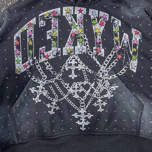 Sweat-shirt à capuche oversize pour homme, style streetwear, avec étoiles en strass et cristaux, 350 GSM, coton et polyester, mode Y2K - Product Image 2