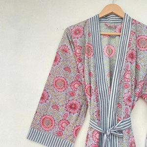 Bata tipo kimono con estampado floral para mujer, corte holgado, manga tres cuartos, cuello oblicuo, cierre con cordón, ropa de primavera - Product Image 3